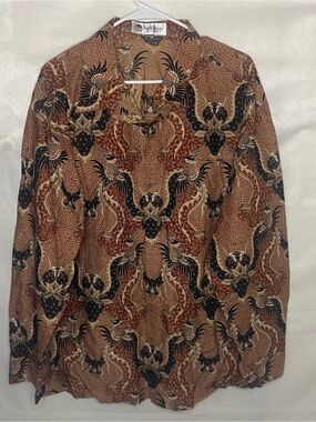 Batik Keris Men Size 20 Shirt 100% Katun Cotton Brown Gold Geometric Bird Tribal
